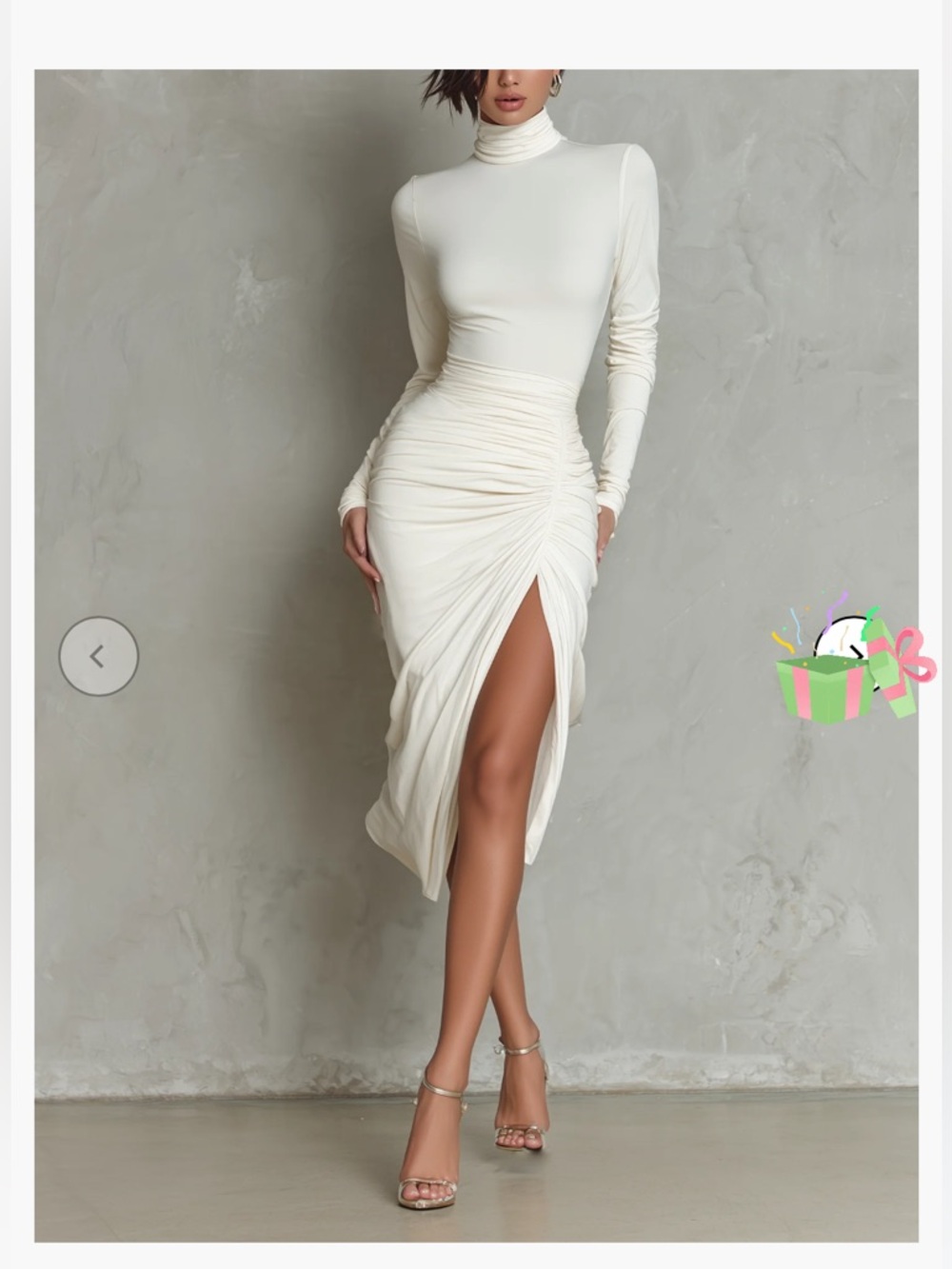 Sexy White Slim Fitting Midi Dress with a high neck and long sleeves